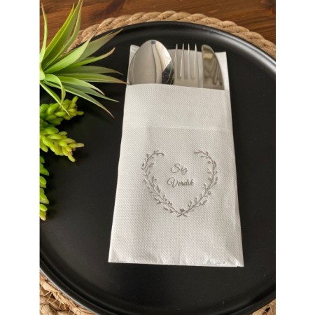 Gümüş Yaldızlı Beyaz Söz Verdik Kalp Çelenk Cepli Peçete 12 lı 40x40