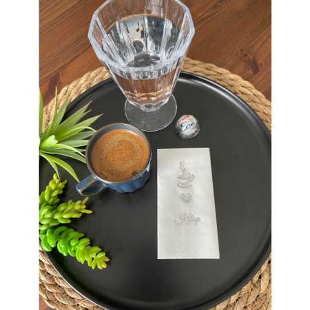 Gümüş Yaldızlı Beyaz Kalp Baskılı Kitap Kahve Peçete 6x12 cm