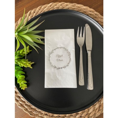 Gümüş Yaldızlı Beyaz Çelenkli Afiyet Olsun Peçete