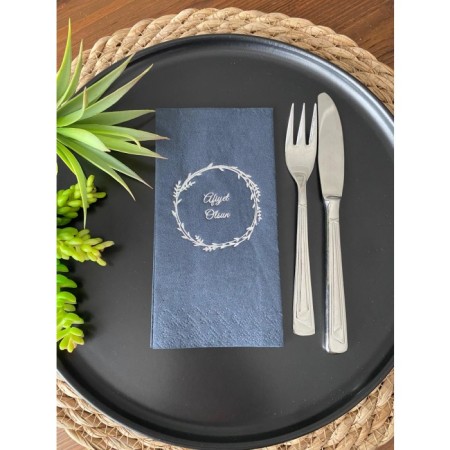 Gümüş Yaldızlı Siyah Çelenkli Afiyet Olsun Peçete 16 Adet