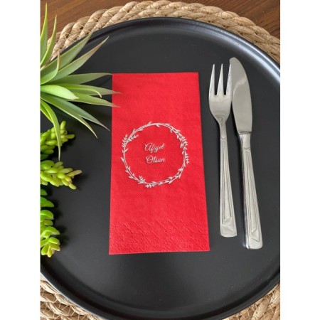 Gümüş Yaldızlı Kırmızı Çelenkli Afiyet Olsun Peçete 16 Adet