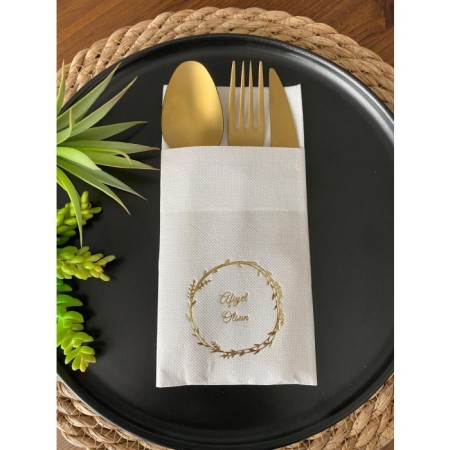 Gold Yaldızlı Beyaz Çelenkli Afiyet Olsun Cepli Peçete 12 lı 40x40