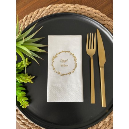 Gold Yaldızlı Beyaz Çelenkli Afiyet Olsun Peçete 16 Adet