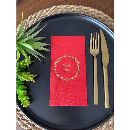 Gold Yaldızlı Kırmızı Çelenkli Afiyet Olsun Peçete 16 Adet