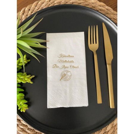 Gold Yaldızlı Beyaz Kahvaltının Mutlulukla Bir İlgisi Olmalı Peçete 16 Adet