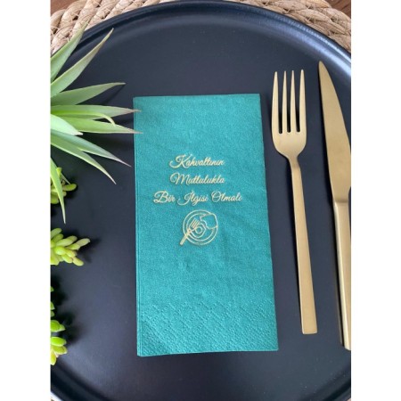 Gold Yaldızlı Yeşil Kahvaltının Mutlulukla Bir İlgisi Olmalı Peçete 16 Adet