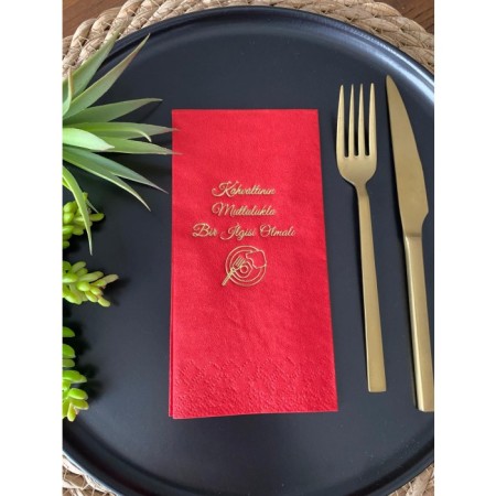 Gold Yaldızlı Kırmızı Kahvaltının Mutlulukla Bir İlgisi Olmalı Peçete 16 Adet