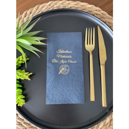 Gold Yaldızlı Siyah Kahvaltının Mutlulukla Bir İlgisi Olmalı Peçete 16 Adet