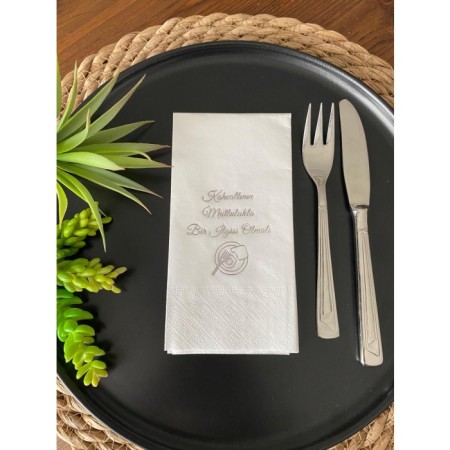 Gümüş Yaldızlı Beyaz Kahvaltının Mutlulukla Bir İlgisi Olmalı Peçete 16 Adet