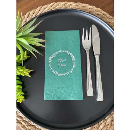 Gümüş Yaldızlı Yeşil Kahvaltının Mutlulukla Bir İlgisi Olmalı Peçete 16 Adet