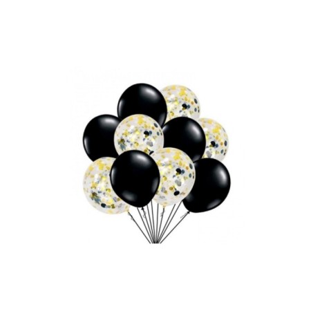 10 lu Siyah Balon Gold Konfetili Set
