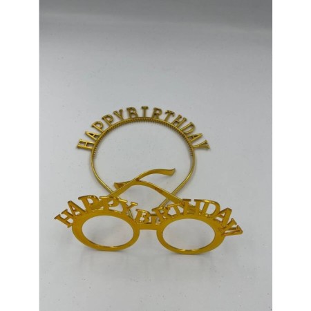 Plastik Happy Bırthday Taç Gözlük Gold 2 li Set