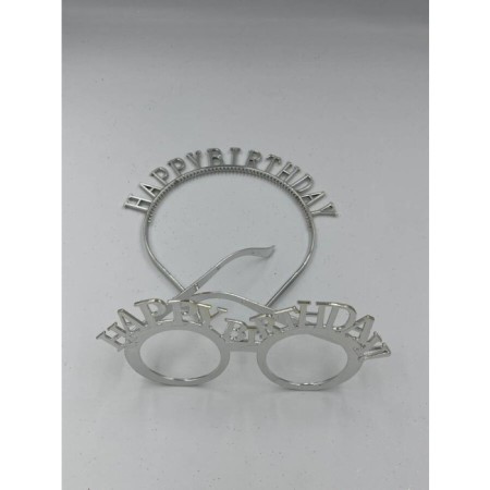 Plastik Happy Bırthday Taç Gözlük Gümüş 2 li Set