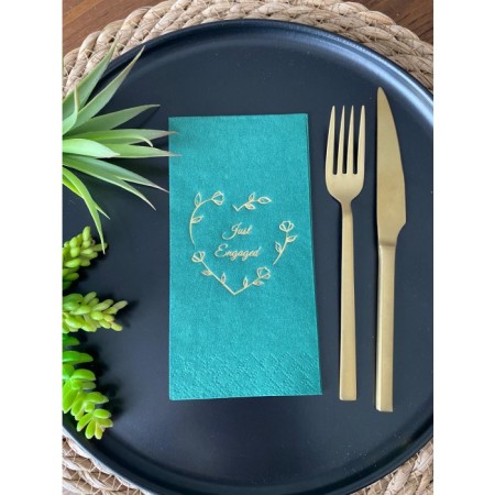 Gold Yaldızlı Yeşil Kalp Çelenk Just Engaged Peçete 16 Adet