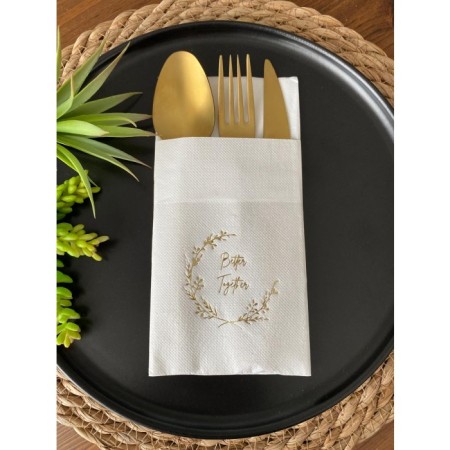 Gold Yaldızlı Beyaz Better Together Cepli Peçete 12 Adet 40x40