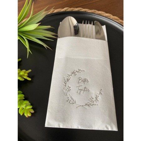 Gümüş Yaldızlı Beyaz Better Together Cepli Peçete 12 Adet 40x40