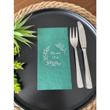 Gümüş Yaldızlı Yeşil Bir Ömür El Ele Peçete 16 Adet