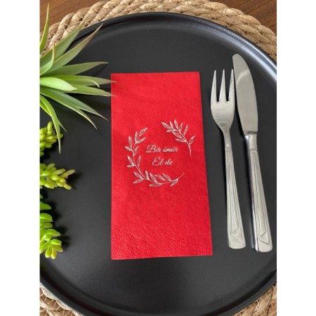 Gümüş Yaldızlı Kırmızı Bir Ömür El Ele Peçete 16 Adet