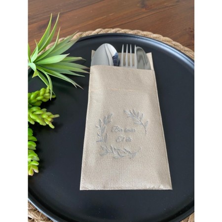 Gümüş Yaldızlı Kraft Bir Ömür El Ele Cepli Peçete 12 Adet 40x40