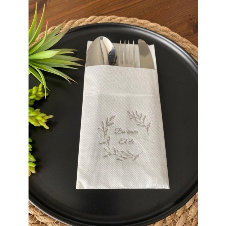 Gümüş Yaldızlı Beyaz Bir Ömür El Ele Cepli Peçete 12 Adet 40x40