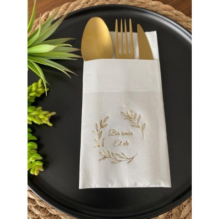 Gold Yaldızlı Beyaz Bir Ömür El Ele Cepli Peçete 12 Adet 40x40