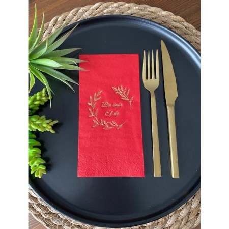 Gold Yaldızlı Kırmızı Bir Ömür El Ele Peçete 16 Adet