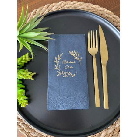 Gold Yaldızlı Siyah Bir Ömür El Ele Peçete 16 Adet