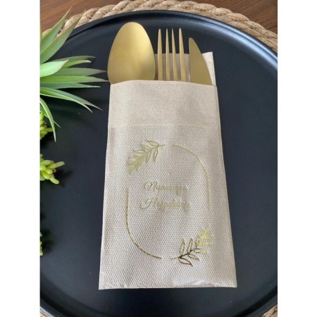 Gold Yaldızlı Kraft Çerçeveli Nişanımıza Hoşgeldiniz Cepli Peçete 12 Adet 40x40