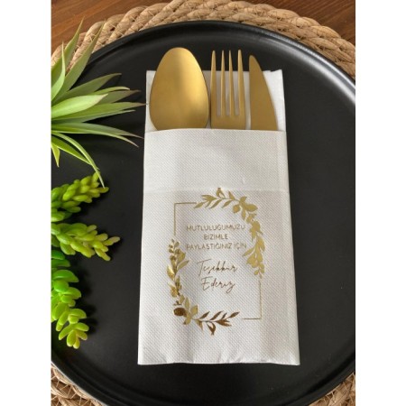 Gold Yaldızlı Beyaz Mutluluğumuzu Bizimle Paylaştığınız İçin Teşekkür Ederiz Cepli Peçete 12 Adet 40x40