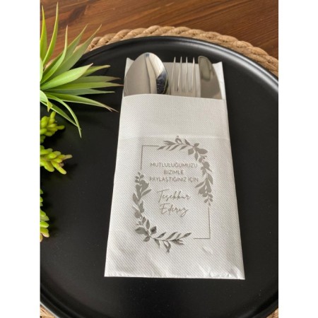 Gümüş Yaldızlı Beyaz Mutluluğumuzu Bizimle Paylaştığınız İçin Teşekkür Ederiz Cepli Peçete 12 Adet