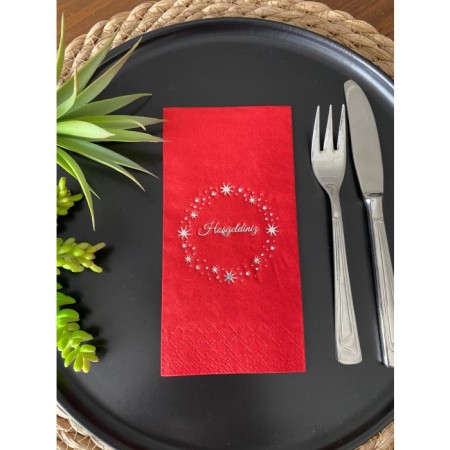 Gümüş Yaldızlı Kırmızı Yıldız Çerçeveli  Hoşgeldiniz Peçete 16 Adet