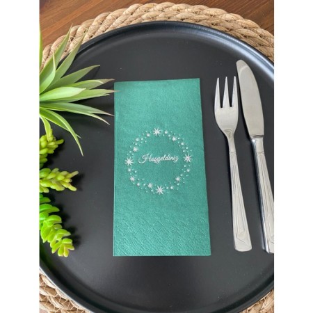 Gümüş Yaldızlı Yeşil Yıldız Çerçeveli Hoşgeldiniz Peçete 16 Adet