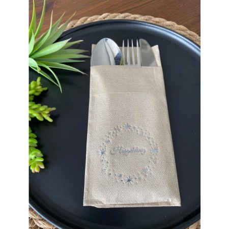 Gümüş Yaldızlı Kraft Yıldız Çerçeveli Hoşgeldiniz Cepli Peçete 12 Adet