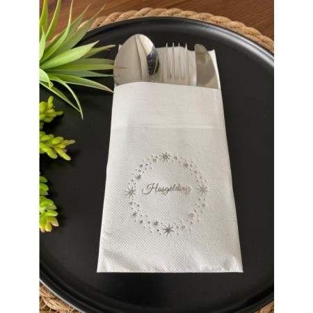 Gümüş Yaldızlı Beyaz Yıldız Çerçeveli Hoşgeldiniz Cepli Peçete 12 Adet