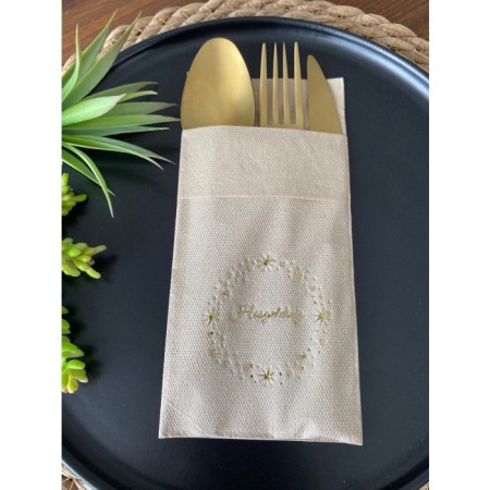 Gold Yaldızlı Kraft Yıldız Çerçeveli Hoşgeldiniz Cepli Peçete 12 Adet