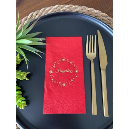 Gold Yaldızlı Kırmızı Yıldız Çerçeveli Hoşgeldiniz Peçete 16 Adet