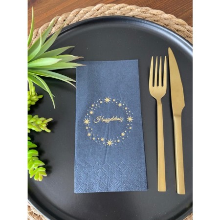 Gold Yaldızlı Siyah Yıldız Çerçeveli Hoşgeldiniz Peçete 16 Adet