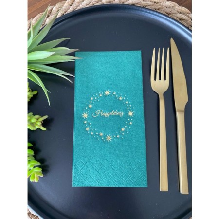 Gold Yaldızlı Yeşil Yıldız Çerçeveli Hoşgeldiniz Peçete 16 Adet