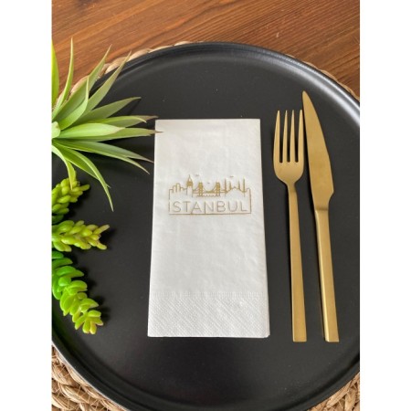 Gold Yaldızlı Beyaz İstanbul Peçete 16 Adet