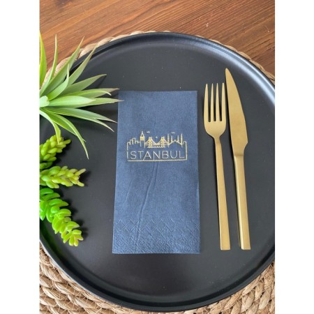Gold Yaldızlı Siyah İstanbul Peçete 16 Adet