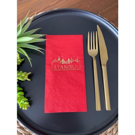 Gold Yaldızlı Kırmızı İstanbul Peçete 16 Adet