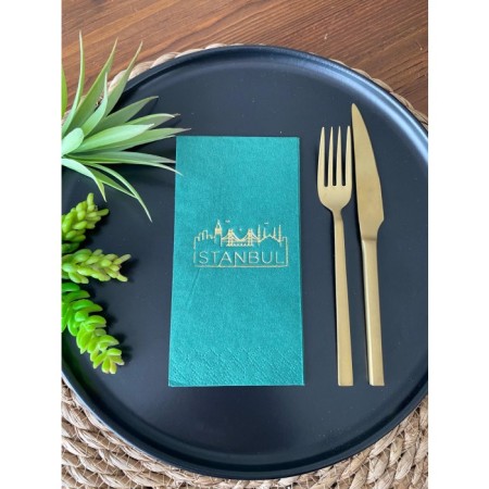 Gold Yaldızlı Yeşil İstanbul Peçete 16 Adet
