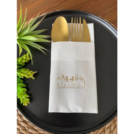 Gold Yaldızlı Beyaz İstanbul Cepli Peçete 12 Adet