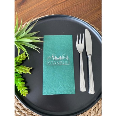 Gümüş Yaldızlı Yeşil İstanbul Peçete 16 Adet