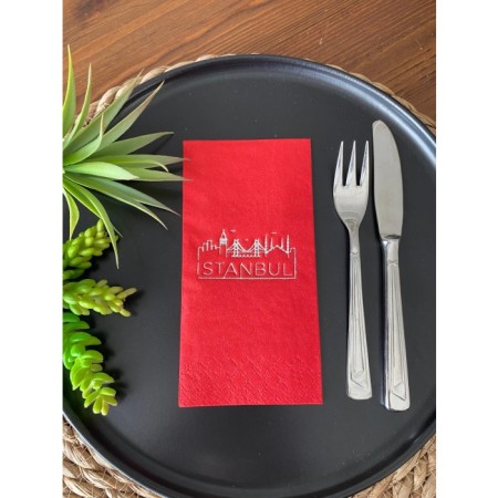 Gümüş Yaldızlı Kırmızı İstanbul Peçete 16 Adet