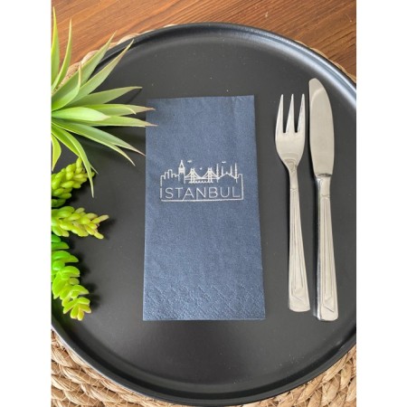 Gümüş Yaldızlı Siyah İstanbul Peçete 16 Adet