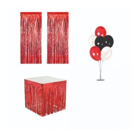 Metalize Kırmızı Masa Püskülü Arka Fon Püskülü ve Kırmızı Siyah Beyaz Balon Standı