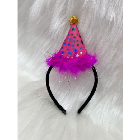 Ponponlu Yıldız Baskılı Mini Şapka Taç Fuşya 21x10 cm