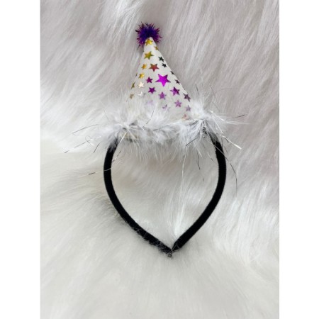 Ponponlu Yıldız Baskılı Mini Şapka Taç Beyaz 21x10 cm