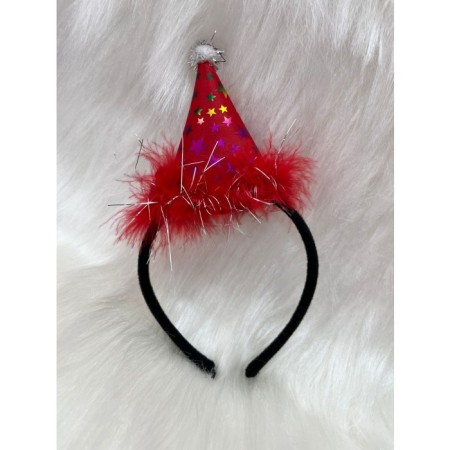 Ponponlu Yıldız Baskılı Mini Şapka Taç Kırmızı 21x10 cm